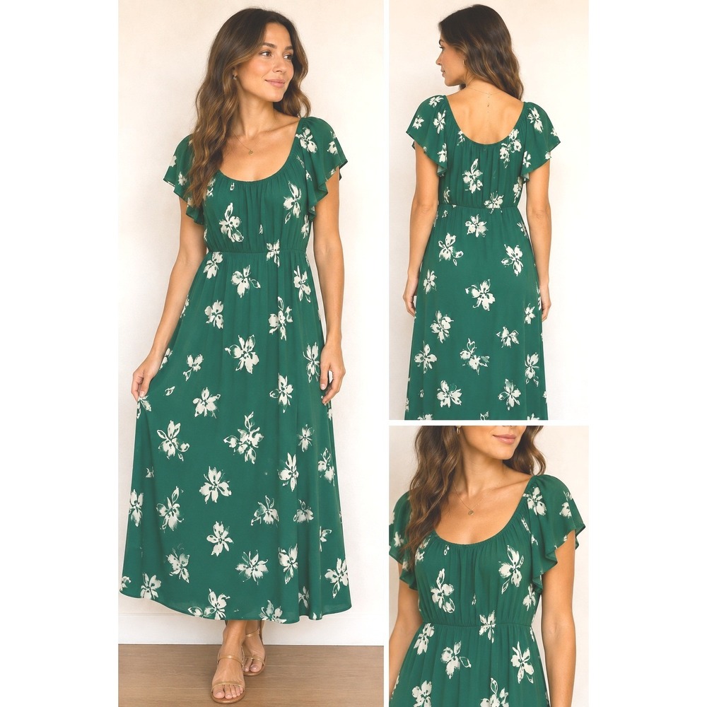 Kaileigh Green Floral Flutter Sleeve Maxi Dress Womens Medium Boho Scoop Neck